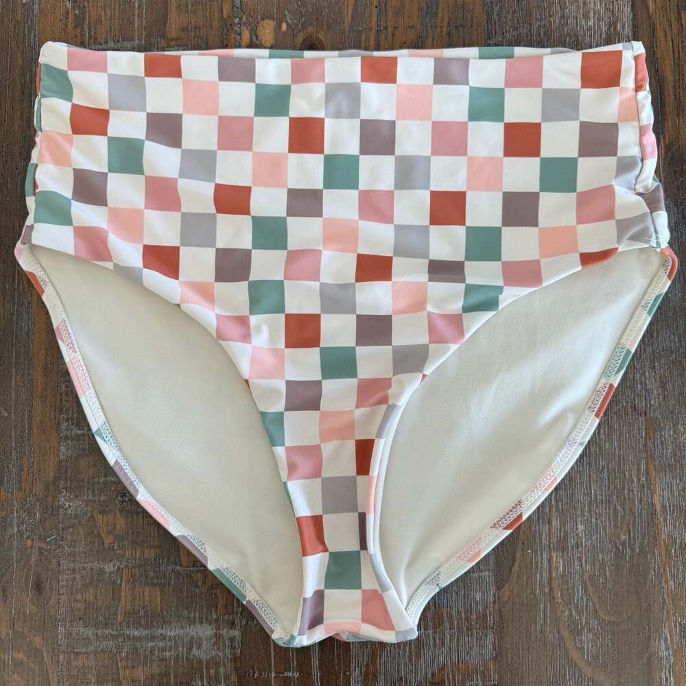 Janela Bay Multi-Color Checkered High-Waisted Bikini Bottoms Size M